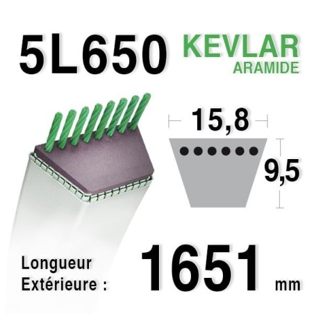 COURROIE KEVLAR 5L650 - 5L65 - MTD 7540279 / 7540363 - COUNTAX 22929500  tracteur tondeuse autoportée