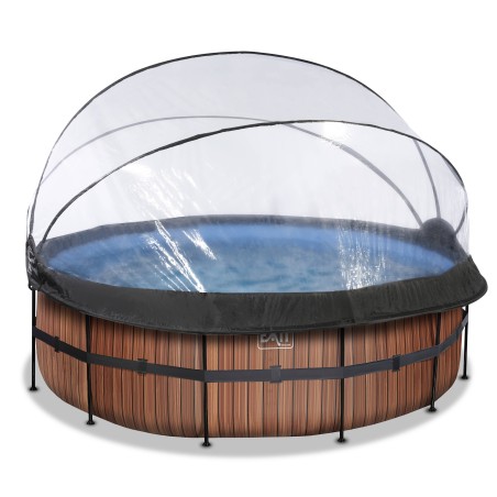 EXIT Piscine couverte Wood ø427x122cm avec pompe filtrante à sable - marron